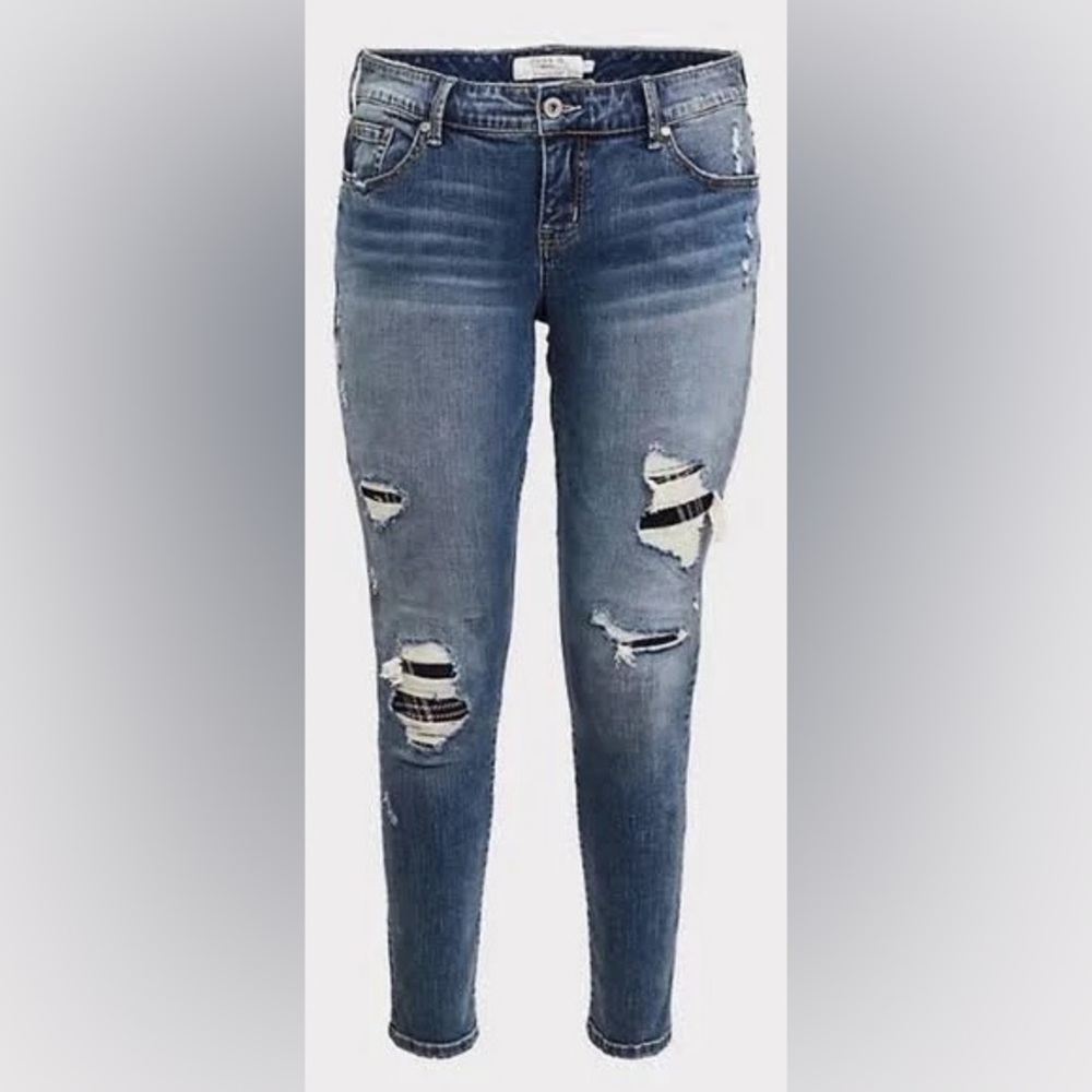 Torrid 18t Tall Ripped Plaid Jean Leggings Denim Stretchy